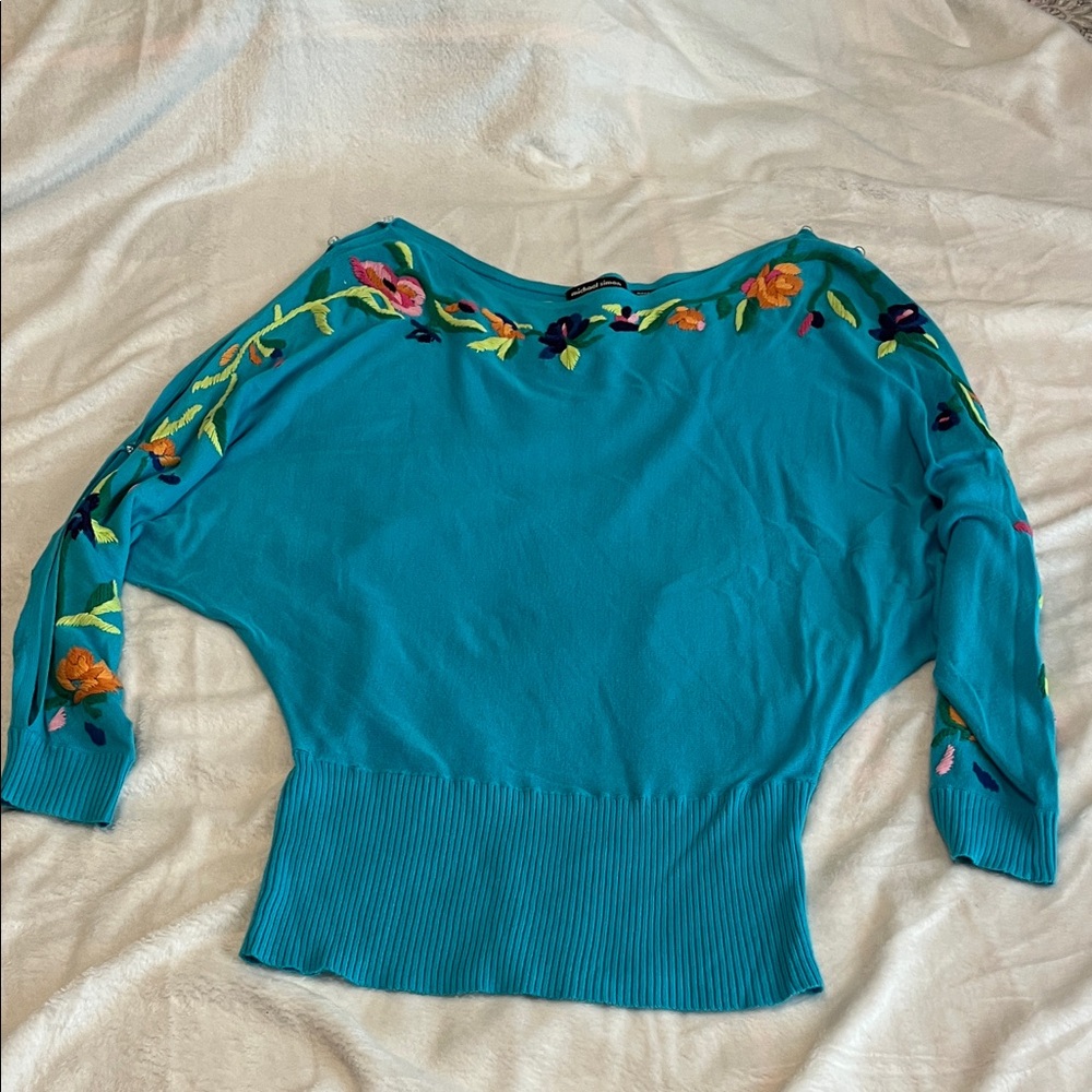 Michael Simon Teal Knit with Multicolor Floral Design